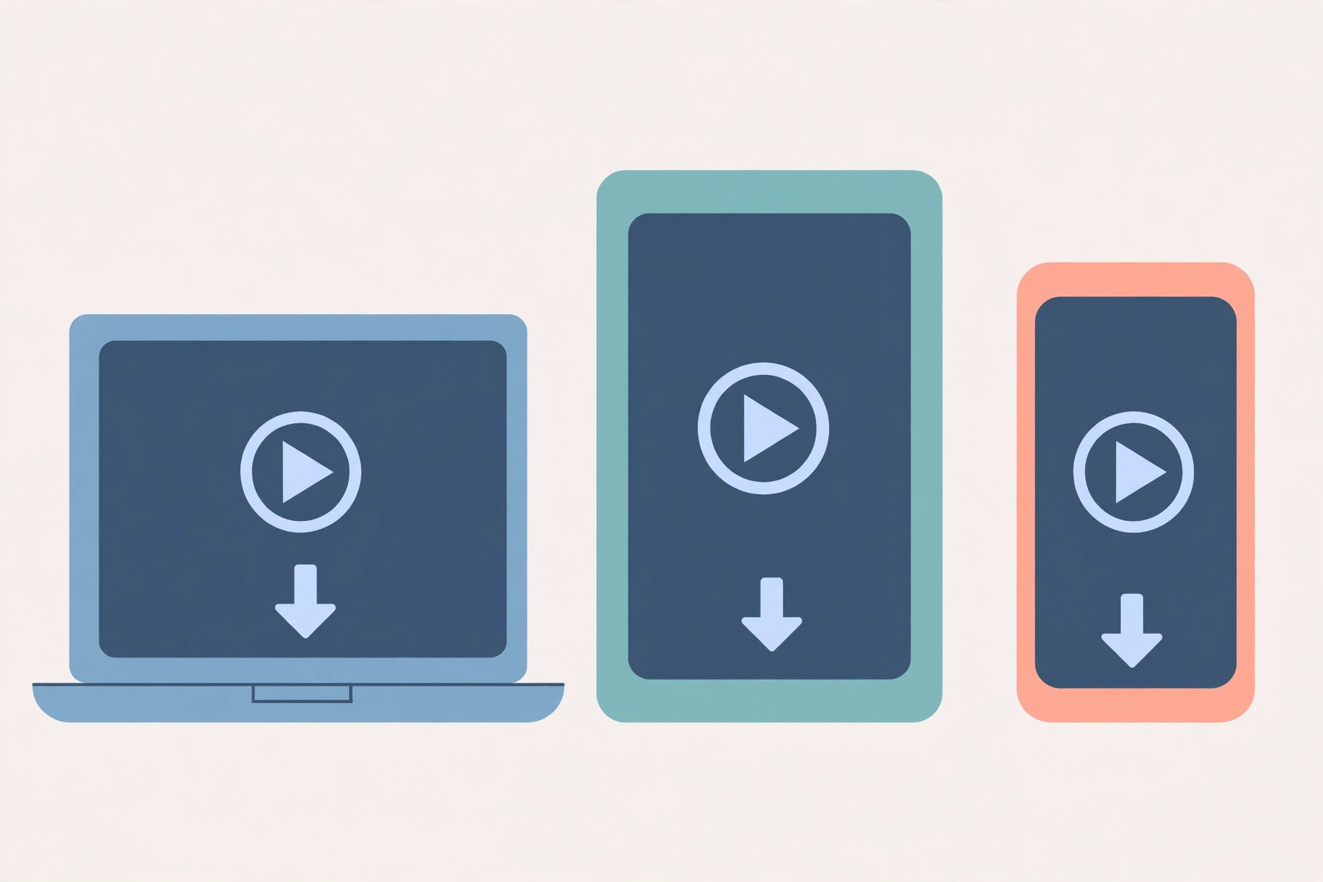 Phone tablet and laptop showing video players with download arrows