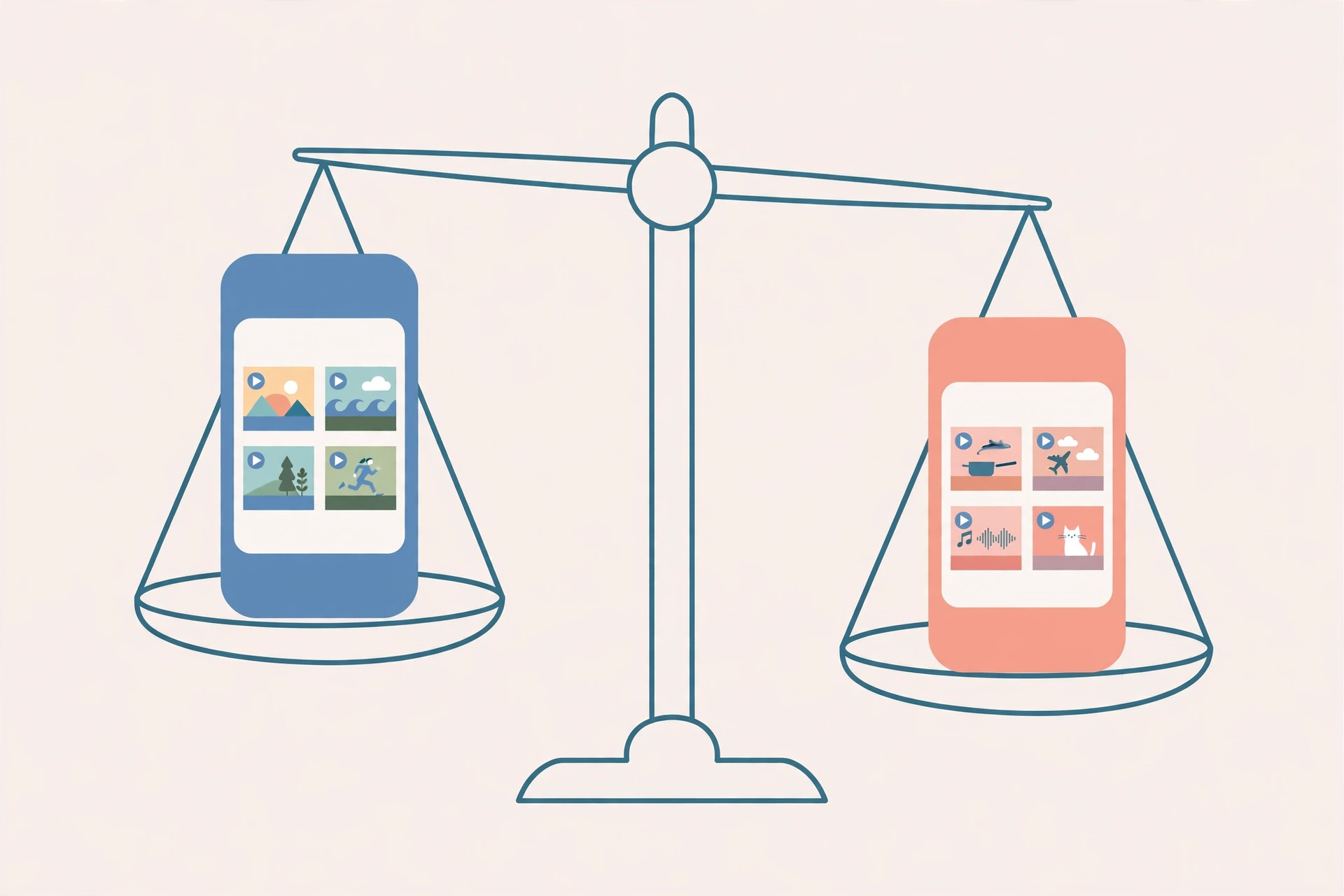 Balance scale comparing two smartphones with video thumbnails