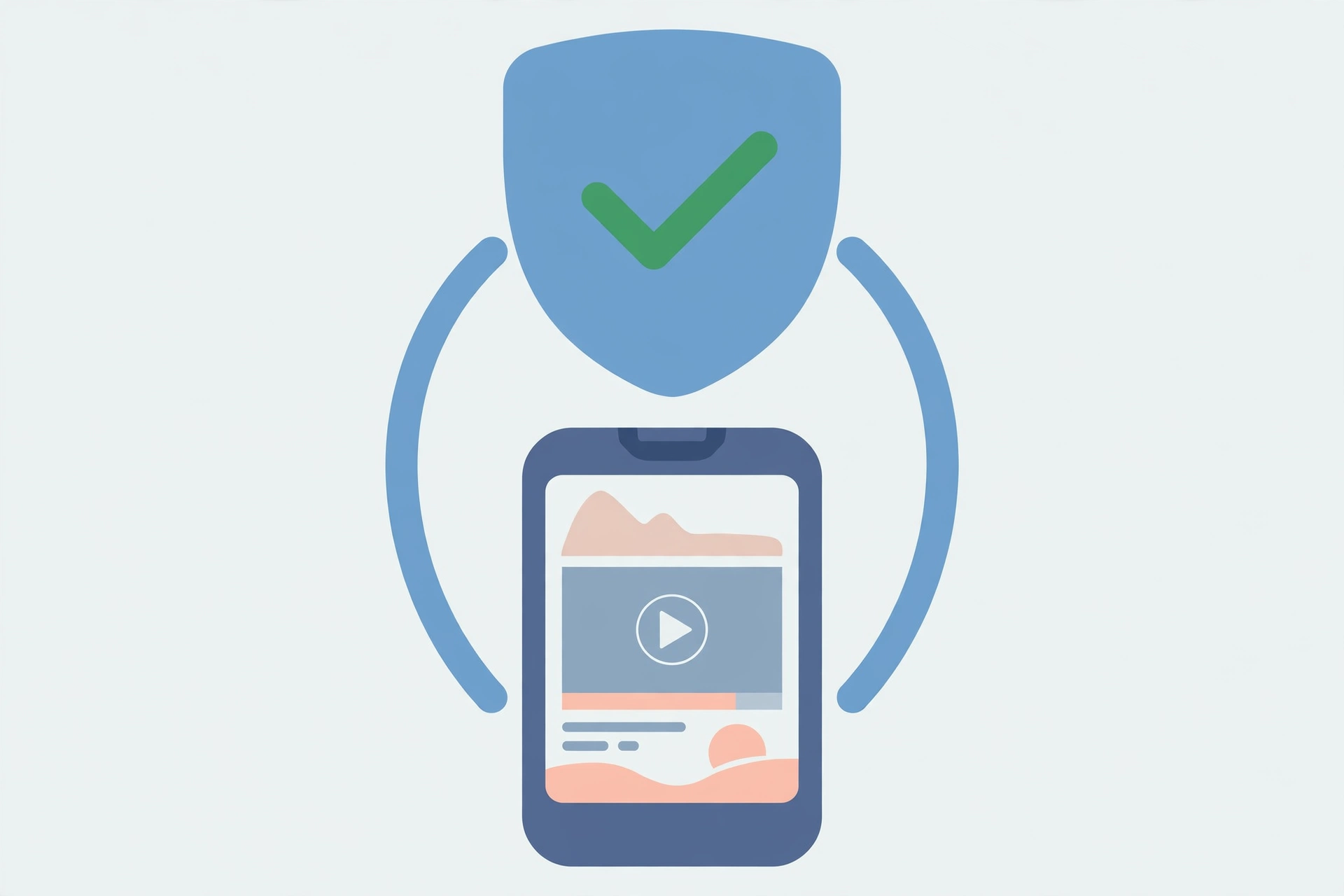Shield with checkmark protecting phone showing video