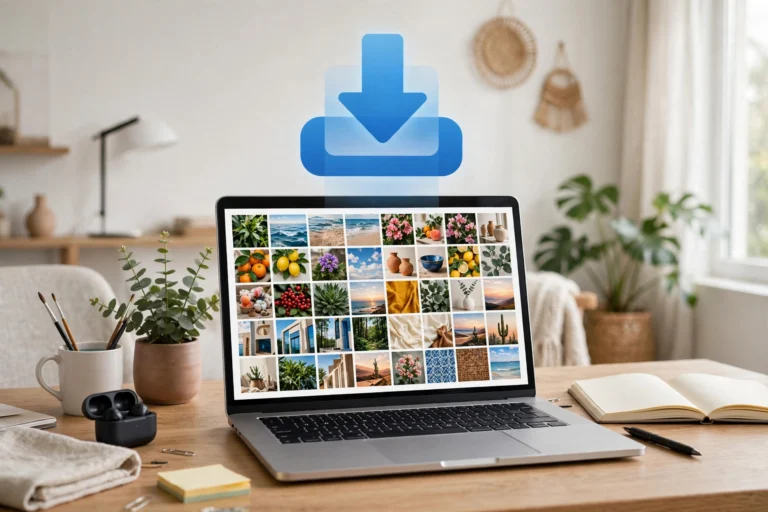 Laptop displaying a photo mood board grid with a download arrow above