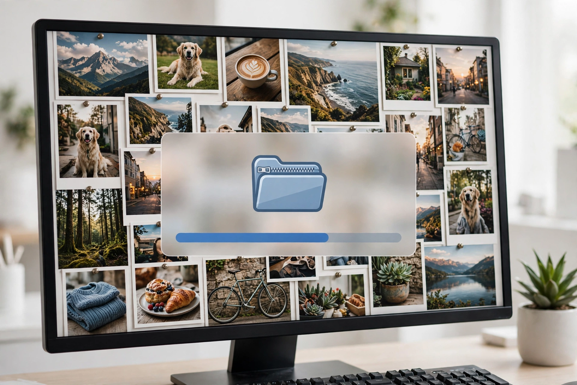 Bright monitor showing a masonry grid of pinned photos with a zip folder