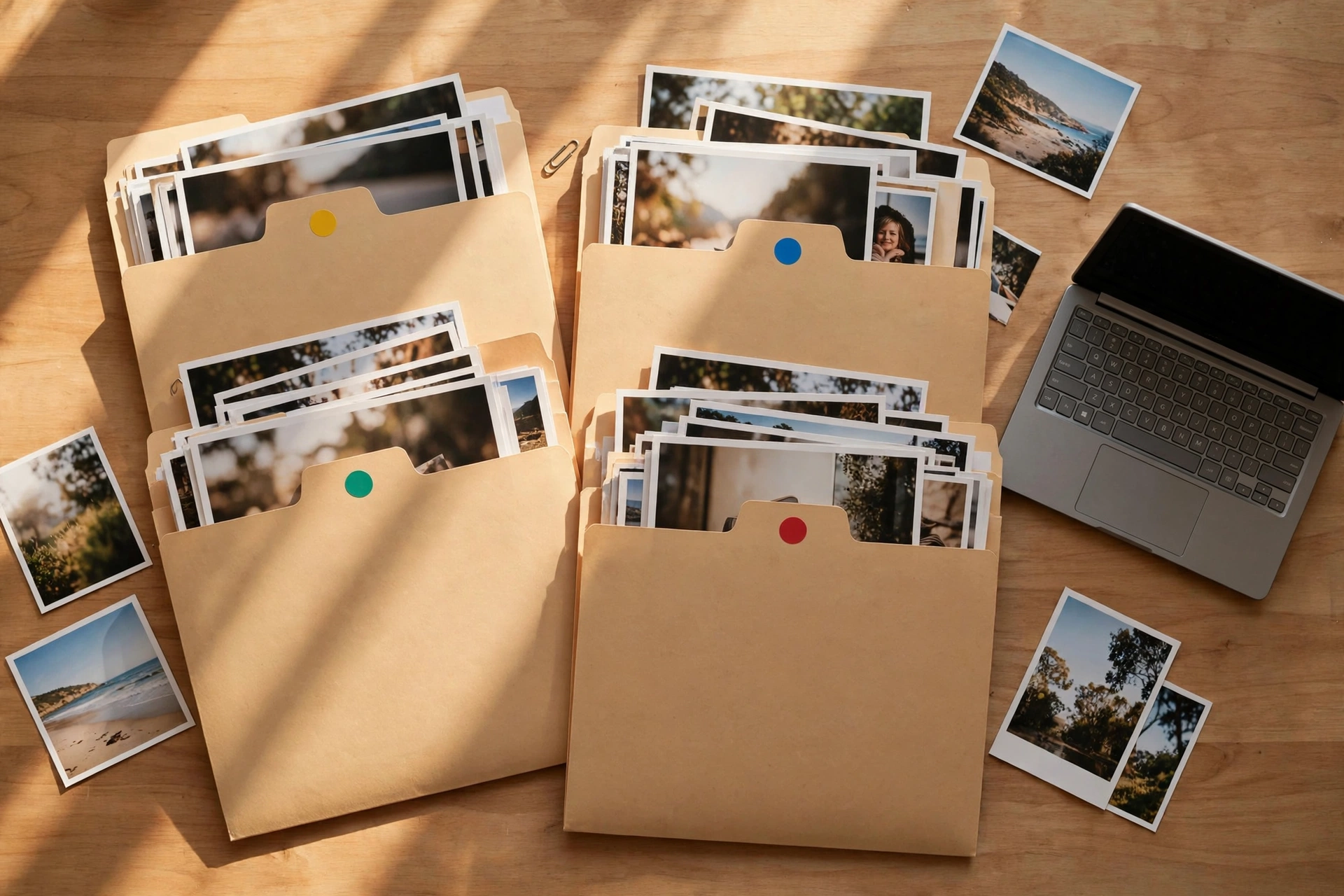 Desk with organized paper folders filled with printed photographs beside a laptop