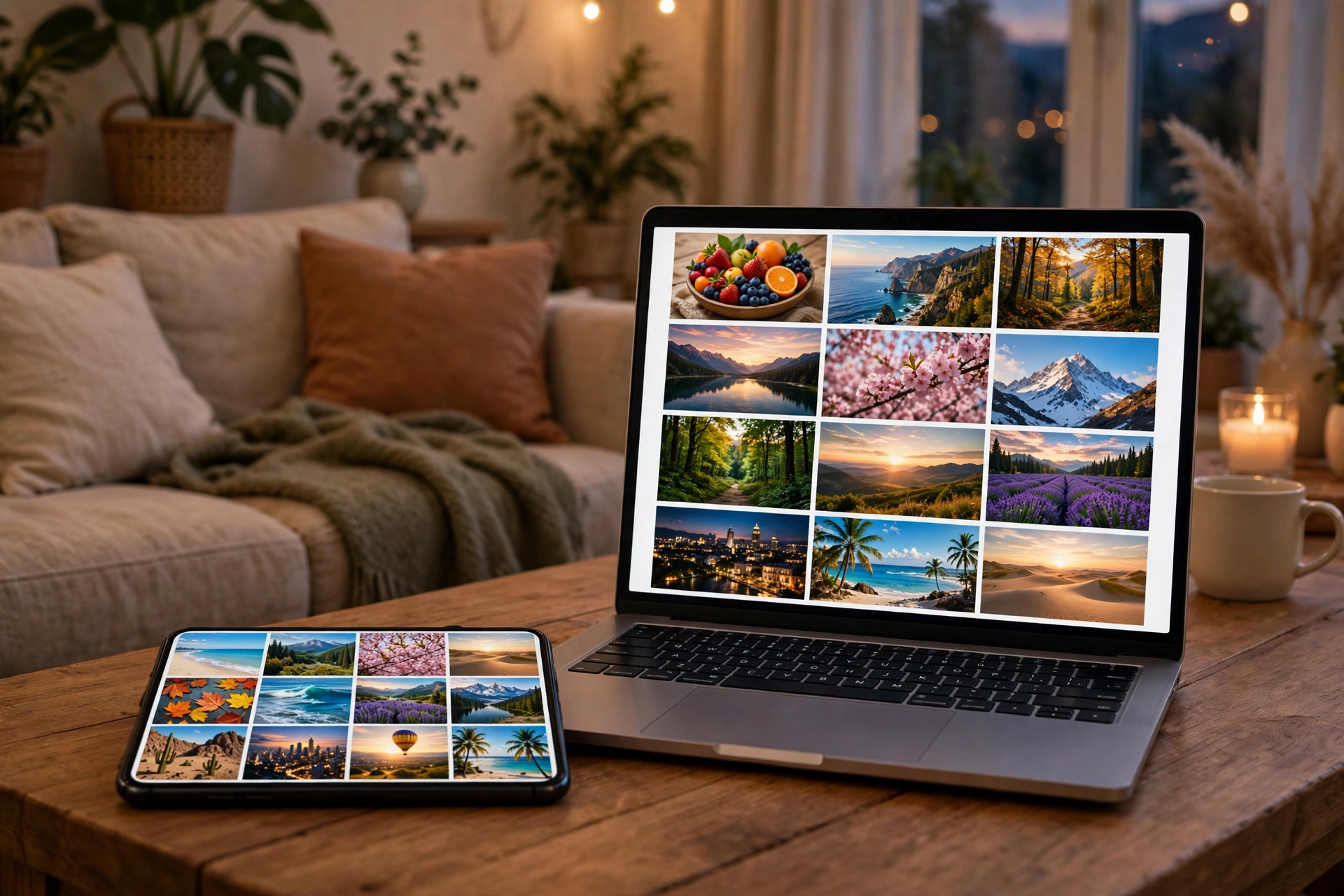 Smartphone and laptop side by side showing colorful photo gallery grids