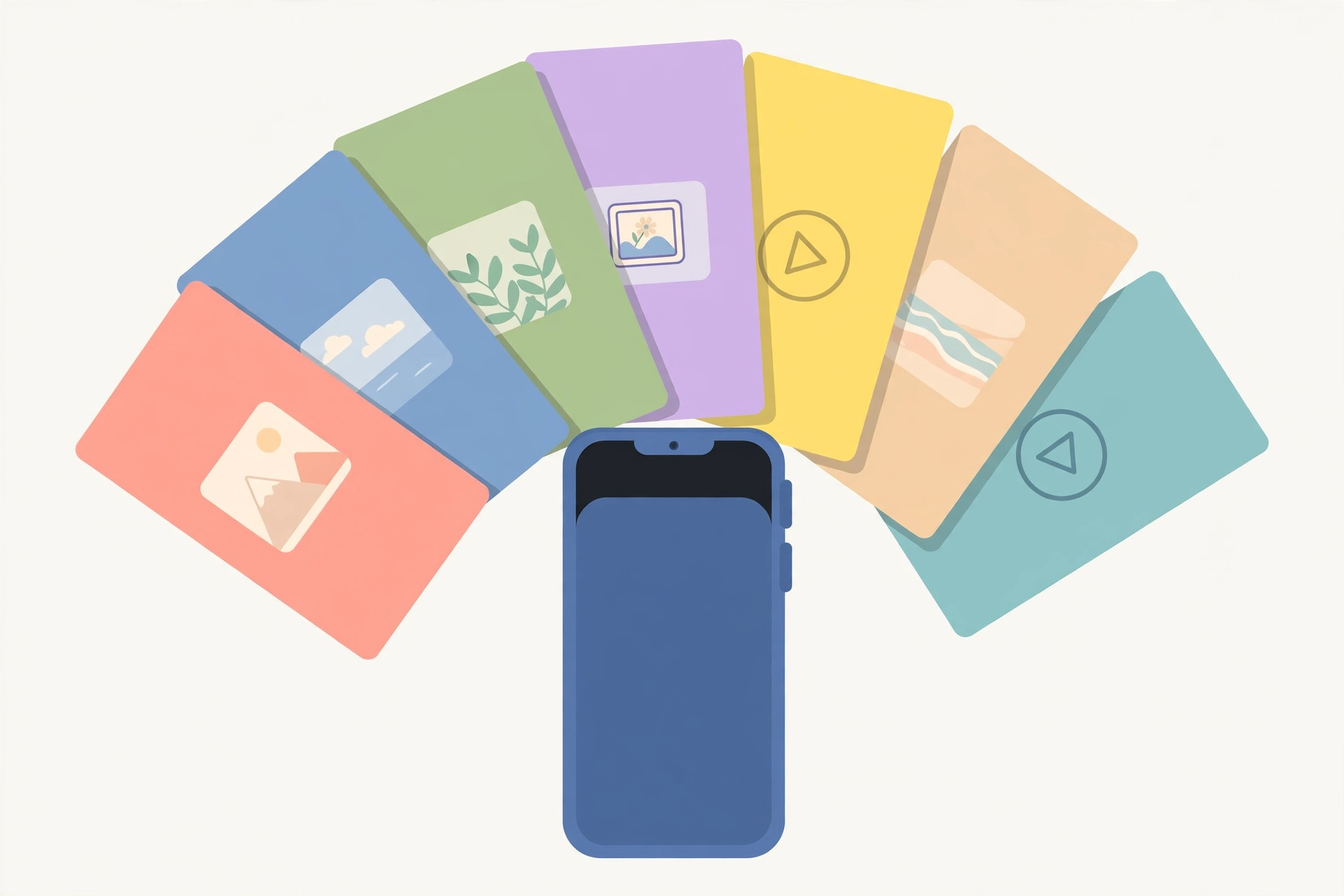 Stacked video and image slides fanning out from smartphone