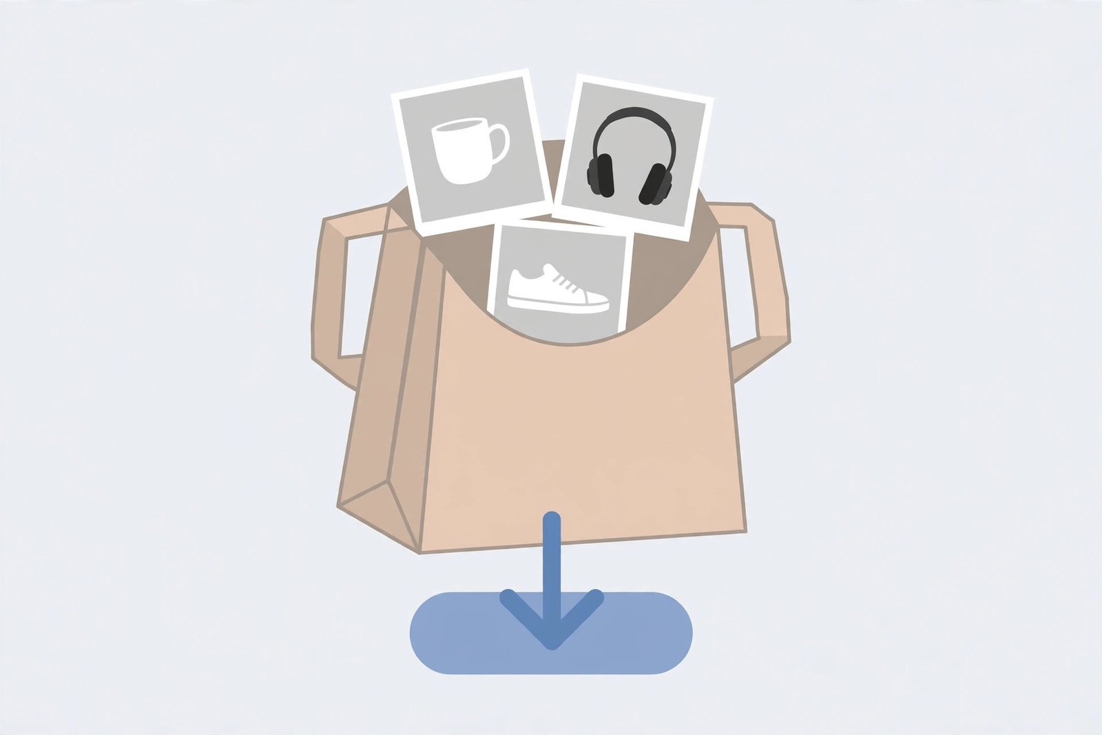 Shopping bag with product photos and download arrow