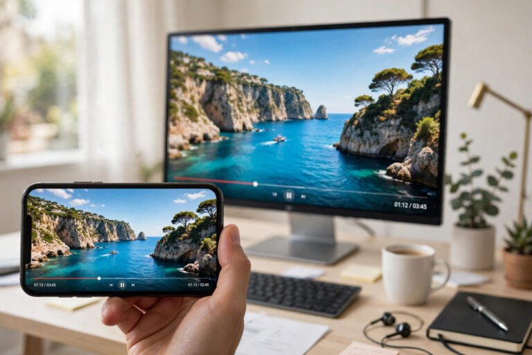 Smartphone and monitor showing a crisp Pinterest video in high resolution