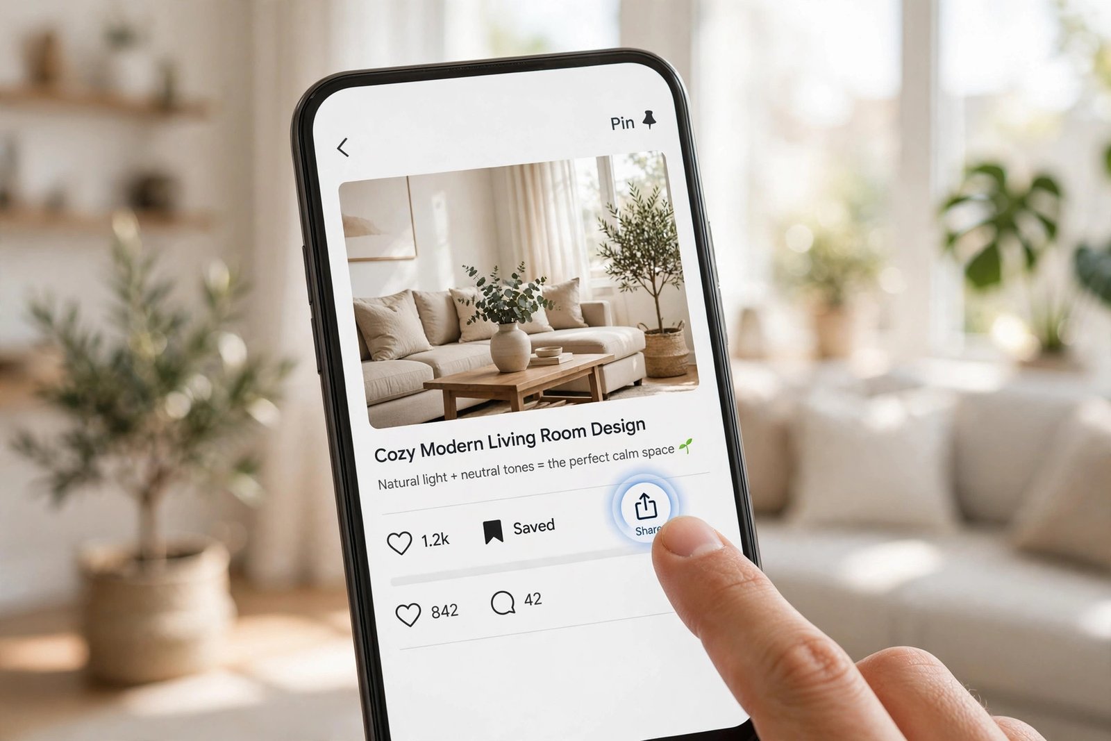 Finger tapping the share button on a Pinterest video pin