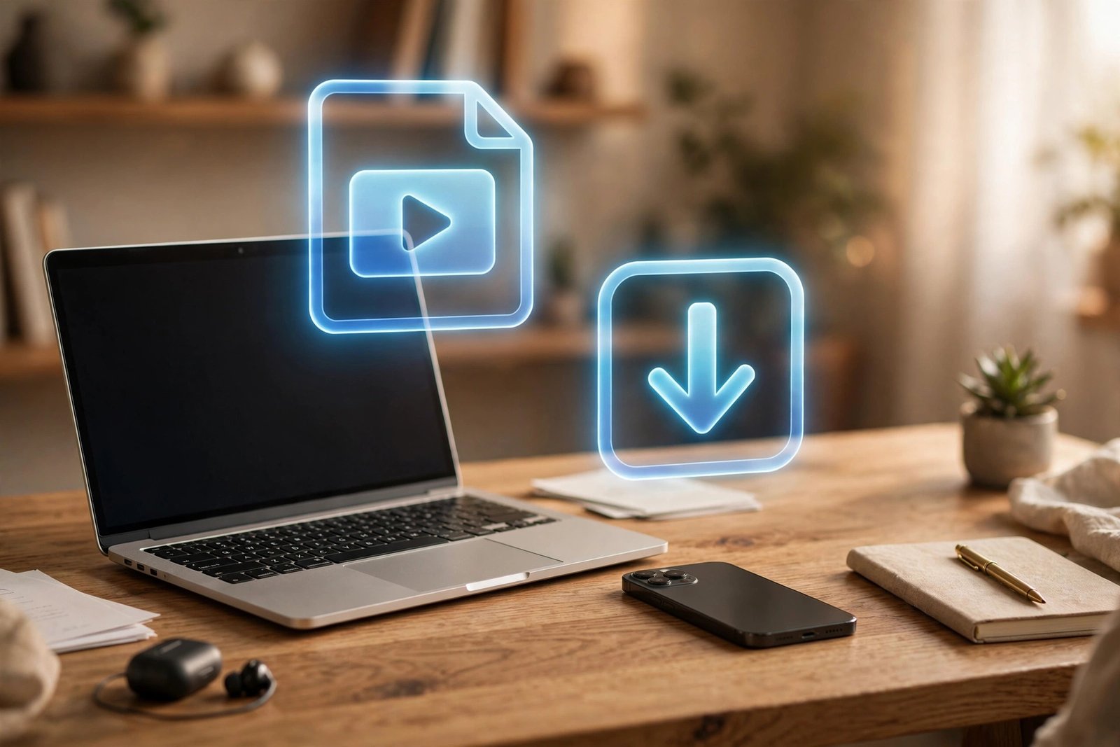 Laptop and smartphone downloading Pinterest video files to device