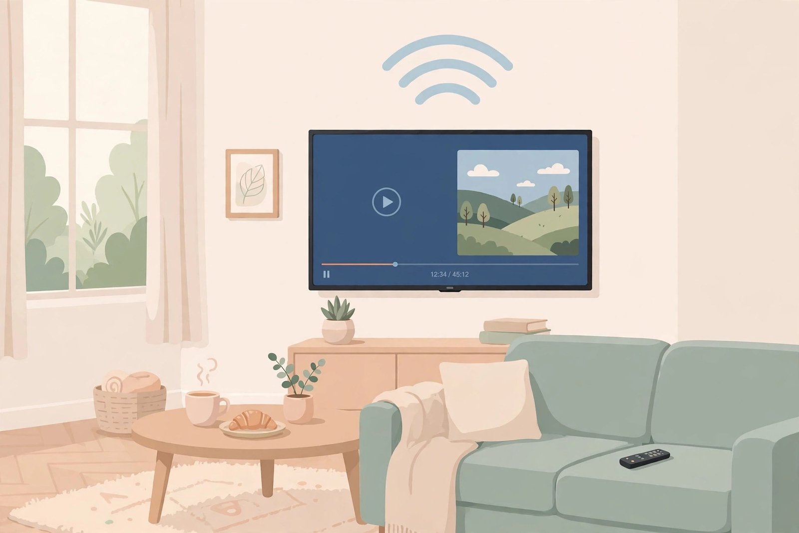 Watching downloaded videos on living room smart TV illustration