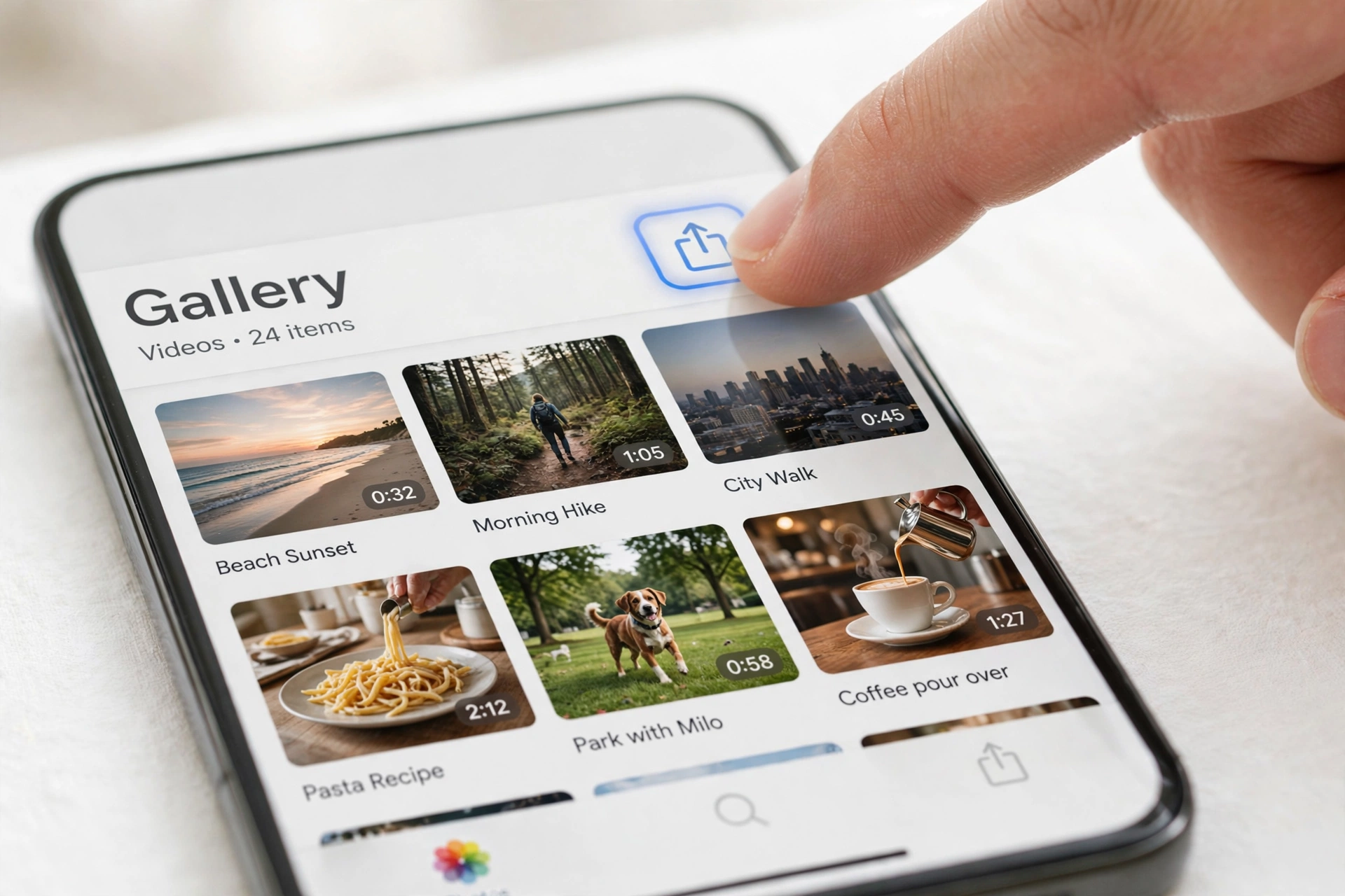 Finger tapping share button on phone to copy Pinterest pin link