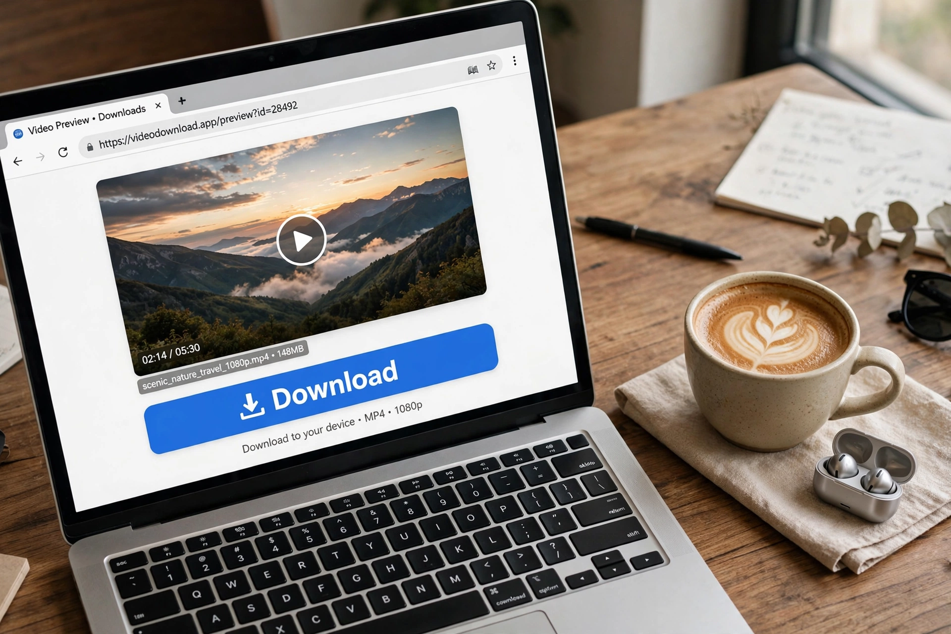 Laptop browser with online Pinterest video downloader and download button