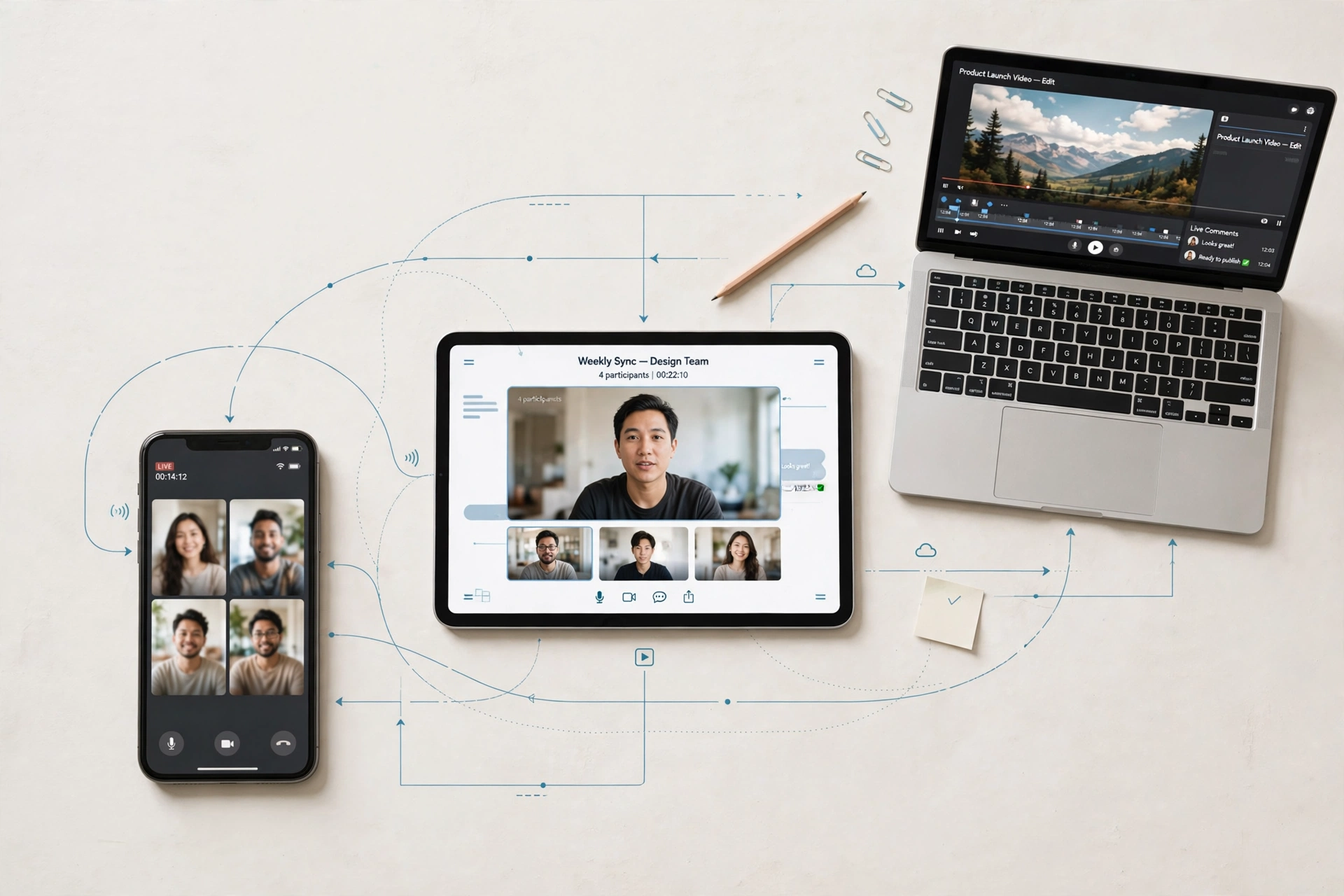 Smartphone tablet and laptop showing saved videos on all devices