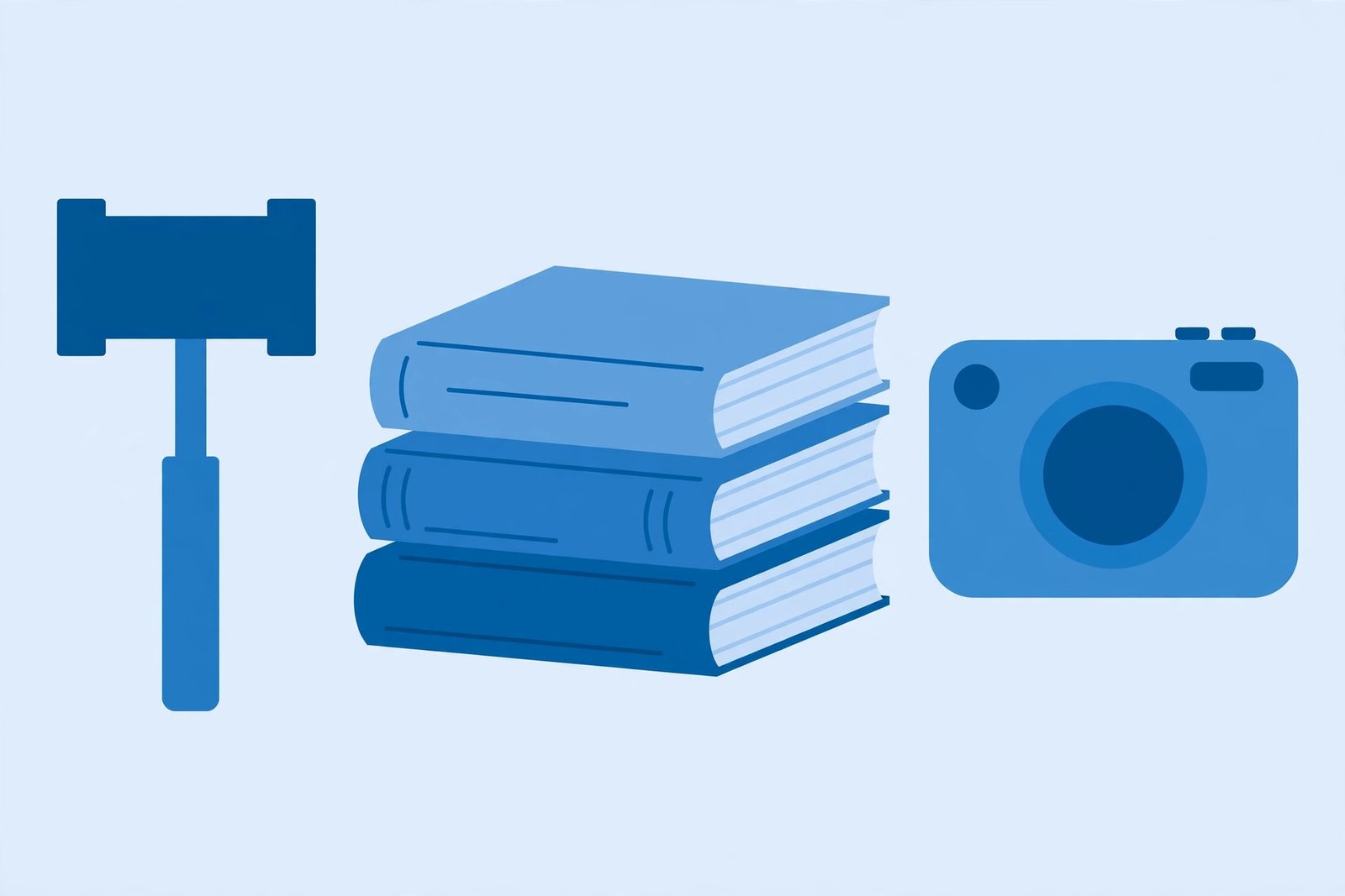 Flat illustration of judge gavel with law books and camera icon