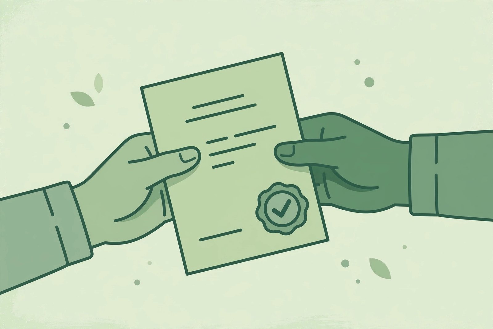 Flat illustration of two hands exchanging permission document with checkmark seal