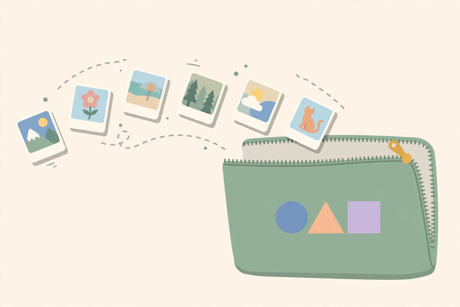 Flat illustration of photo thumbnails flying into a zipped folder
