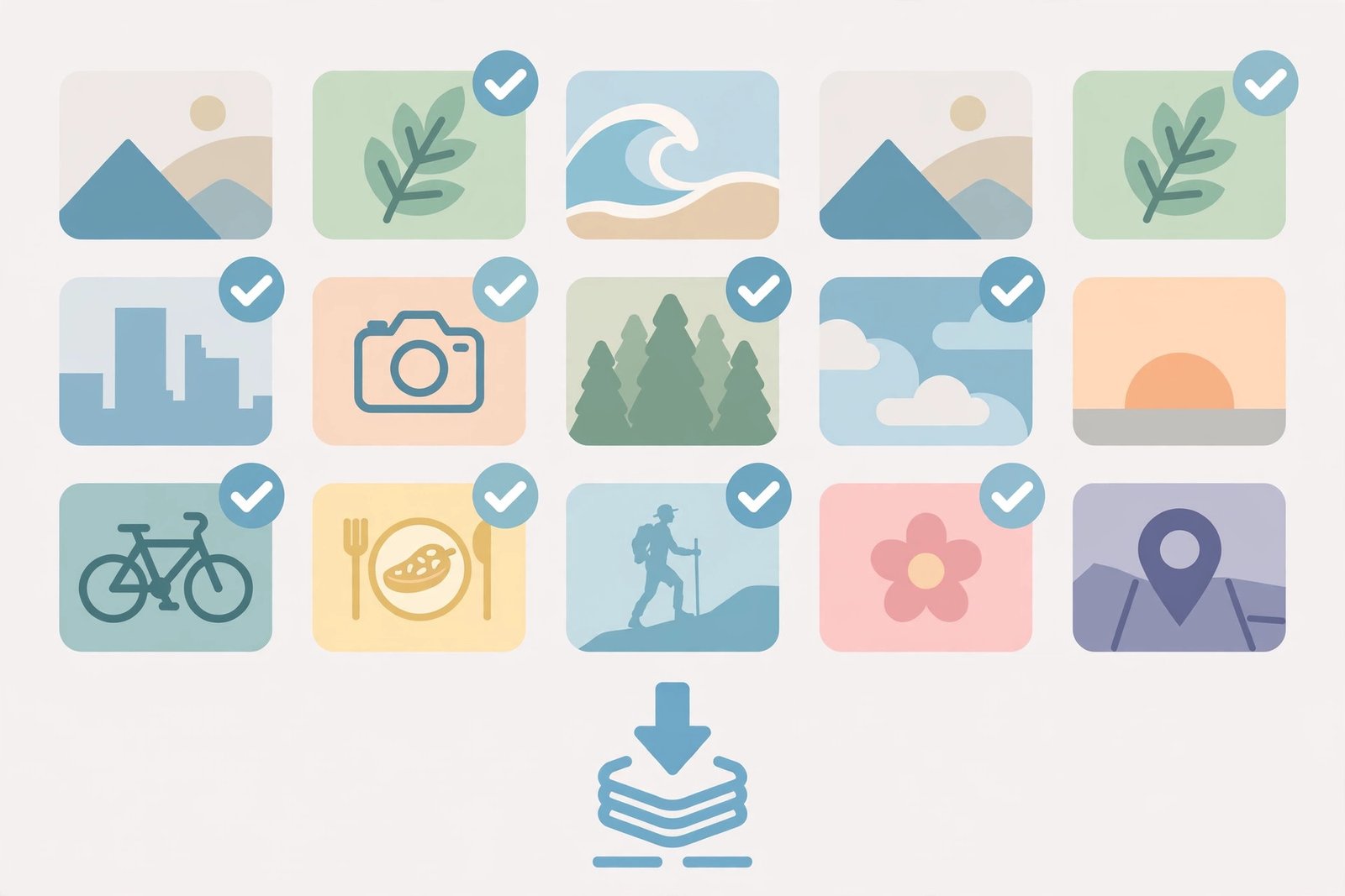 Flat illustration of laptop screen with photo thumbnails and download arrow