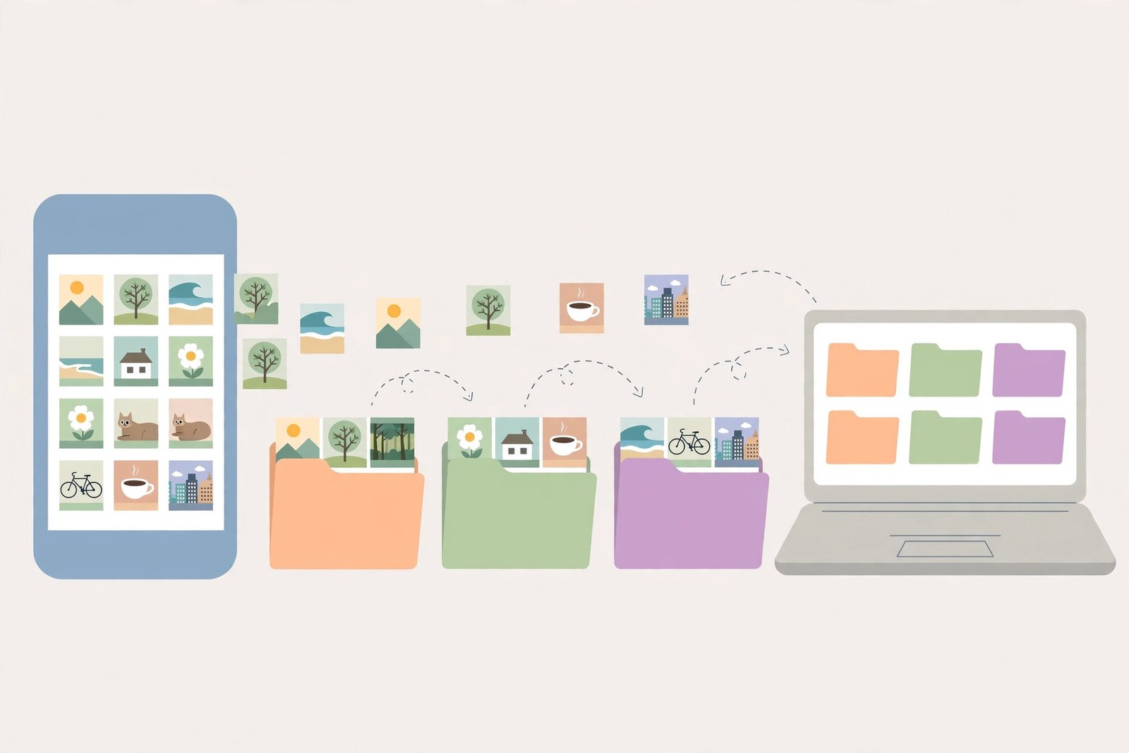 Flat illustration of smartphone and laptop sorting photos into folders