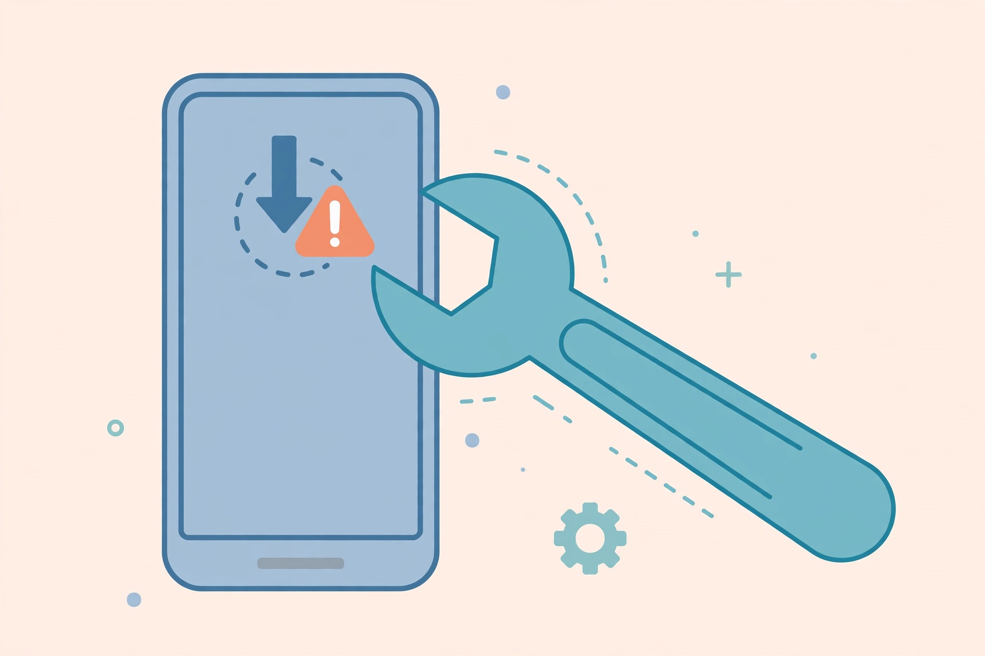 Smartphone with download error warning being fixed by wrench