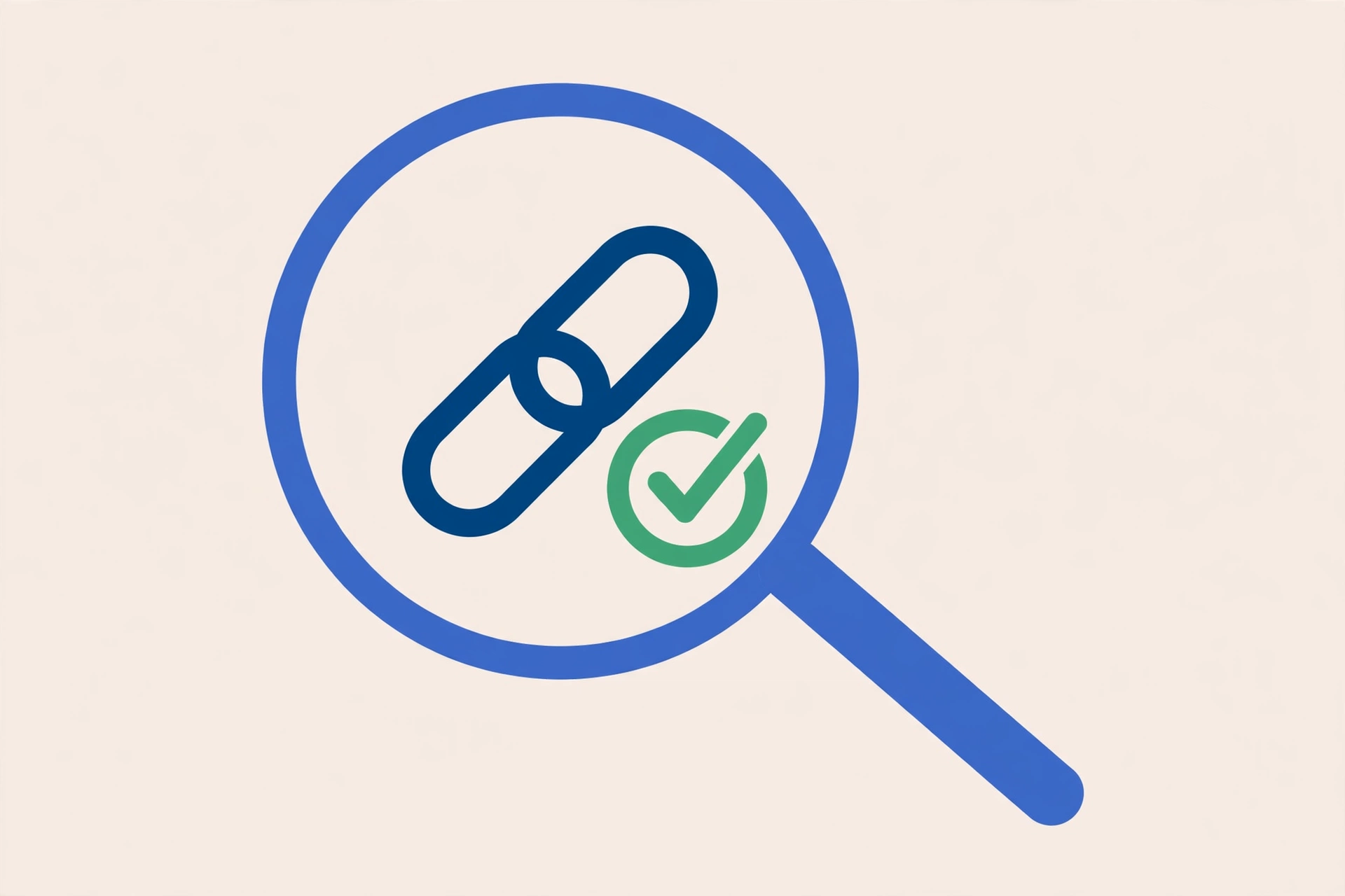 Magnifying glass inspecting web link with green checkmark