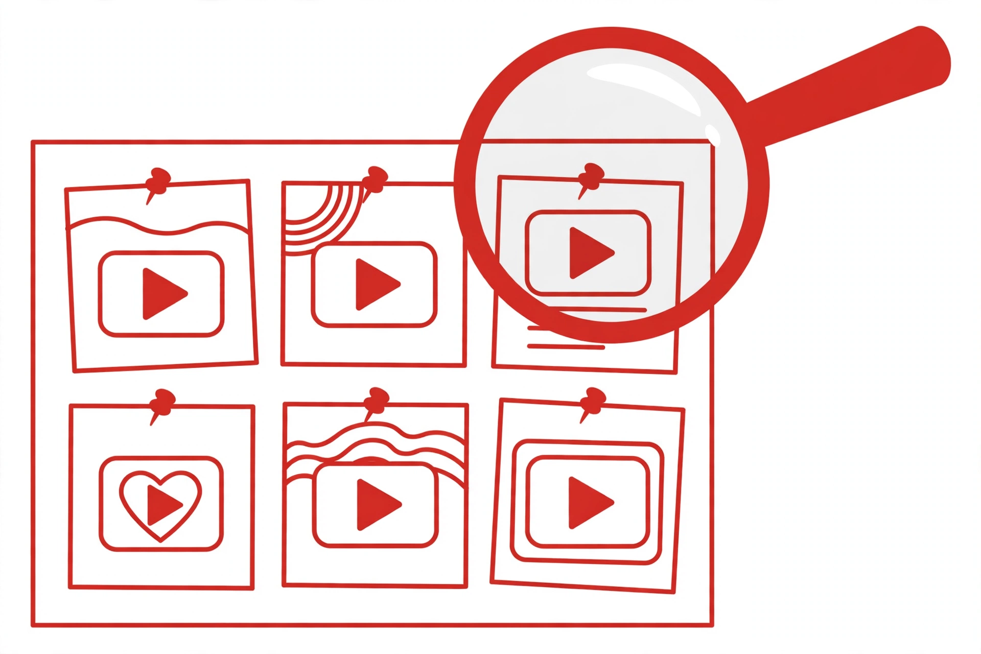 Magnifying glass over Pinterest pin board with video play buttons