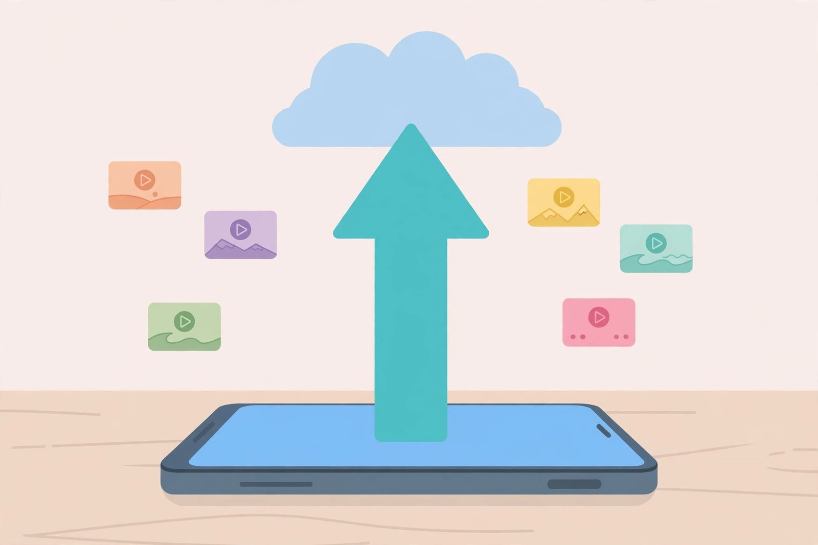 Smartphone uploading saved videos to cloud storage with upward arrow