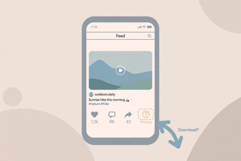 Smartphone showing Pinterest video feed with a missing download button marked by a question mark