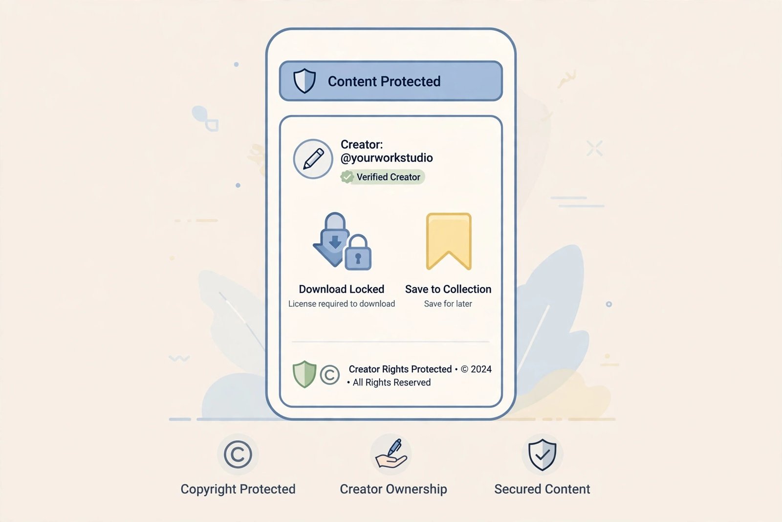 Phone screen with save icon and locked download symbol representing creator content protection